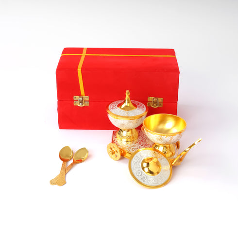 Handcrafted and Hand Embossed Premium Brass Bowl and Spoon Set with Miniature Table Trolley
